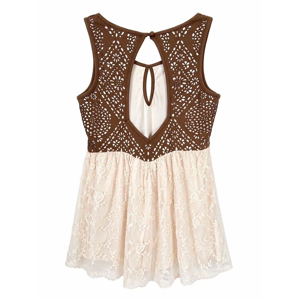 BKE Gimmicks Tank Top Women Small Brown Cream Lace Babydoll Boho Cutout Festival - Picture 3 of 13